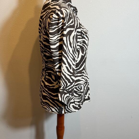 Chico's jacket brown & tan zebra linen 3/4 tab sleeve button front Sz 0 US S - Picture 5 of 13